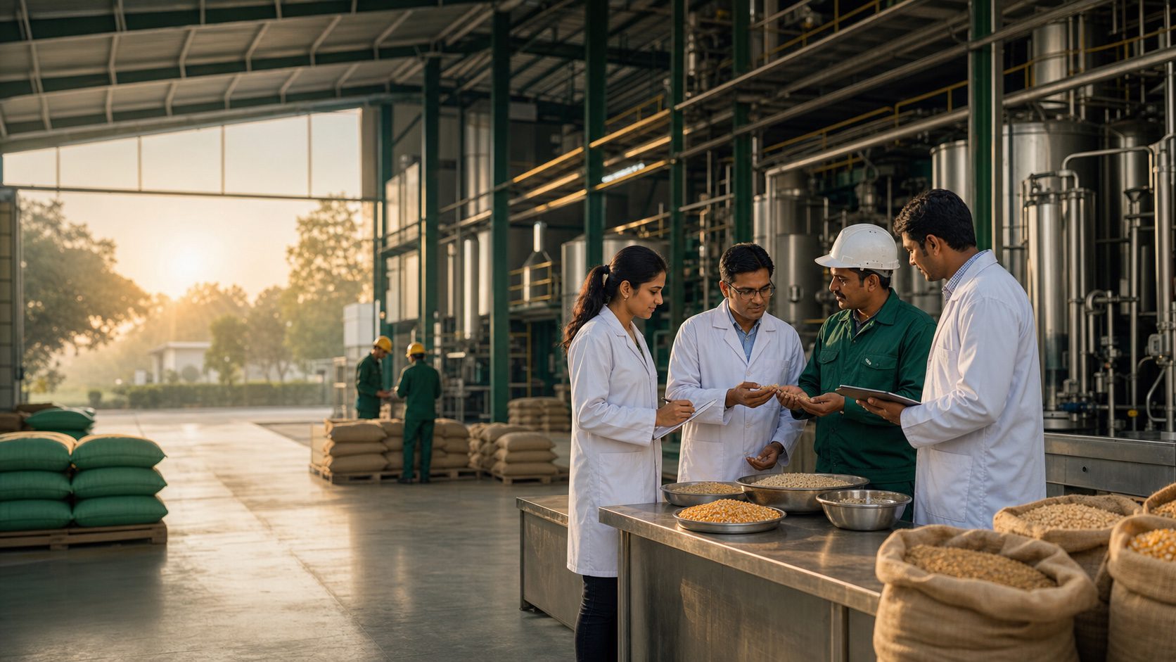 Nutriveta feed specialists reviewing raw materials in a modern facility