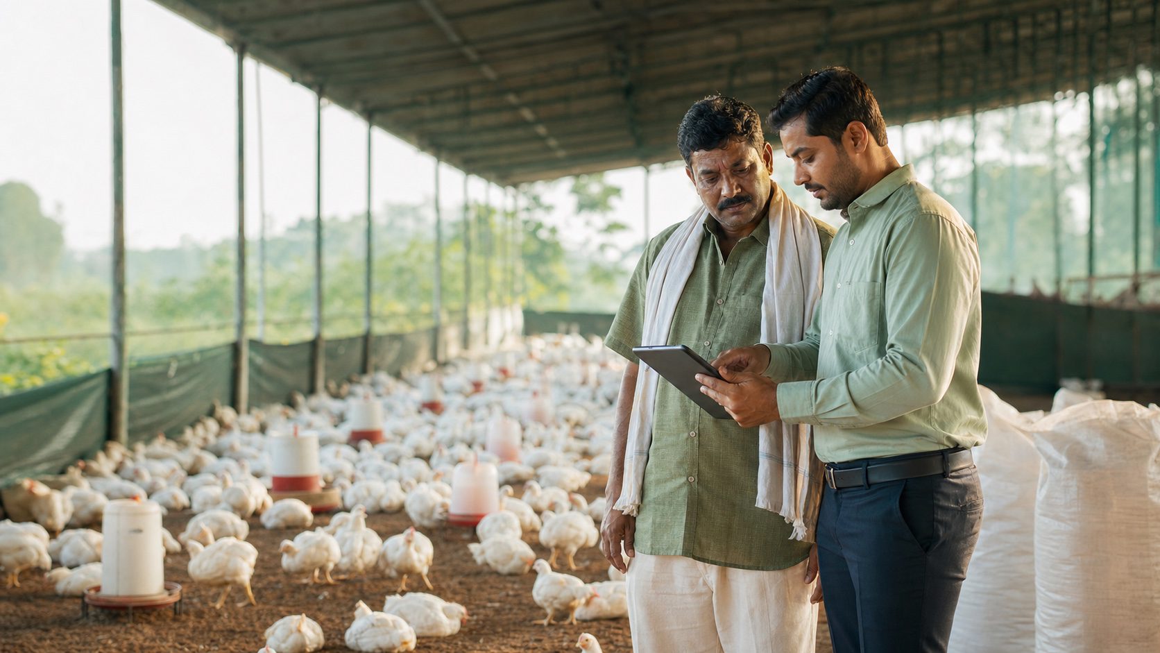Farmer and animal nutrition advisor reviewing flock information