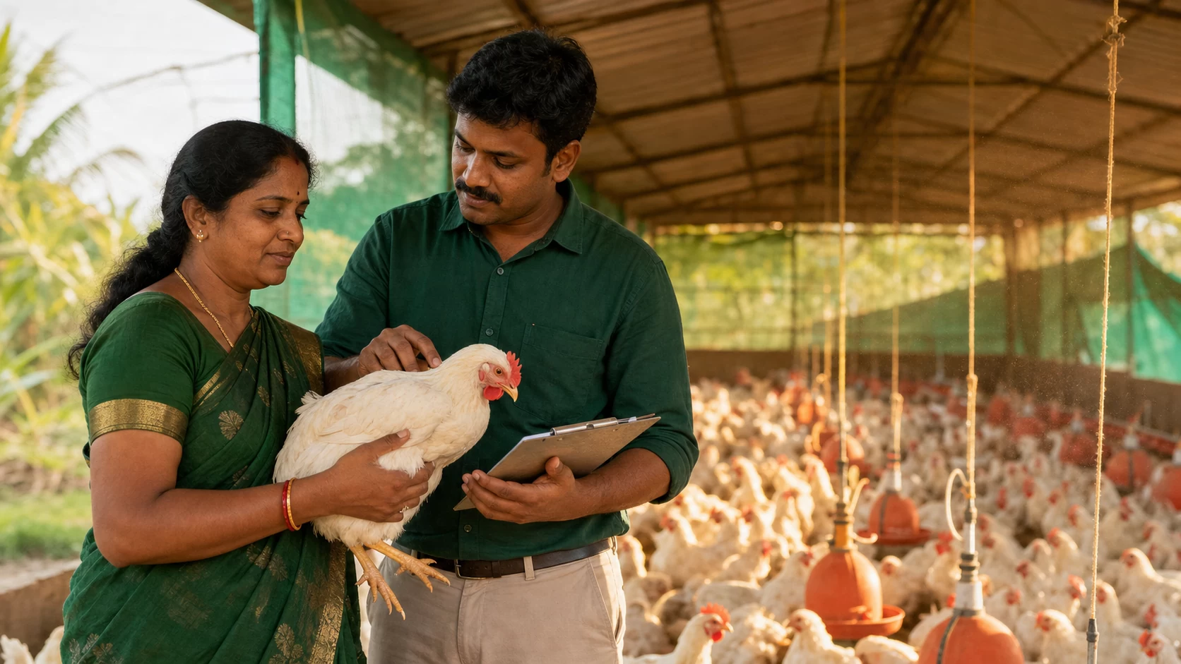 Advisor and farmer checking a healthy bird