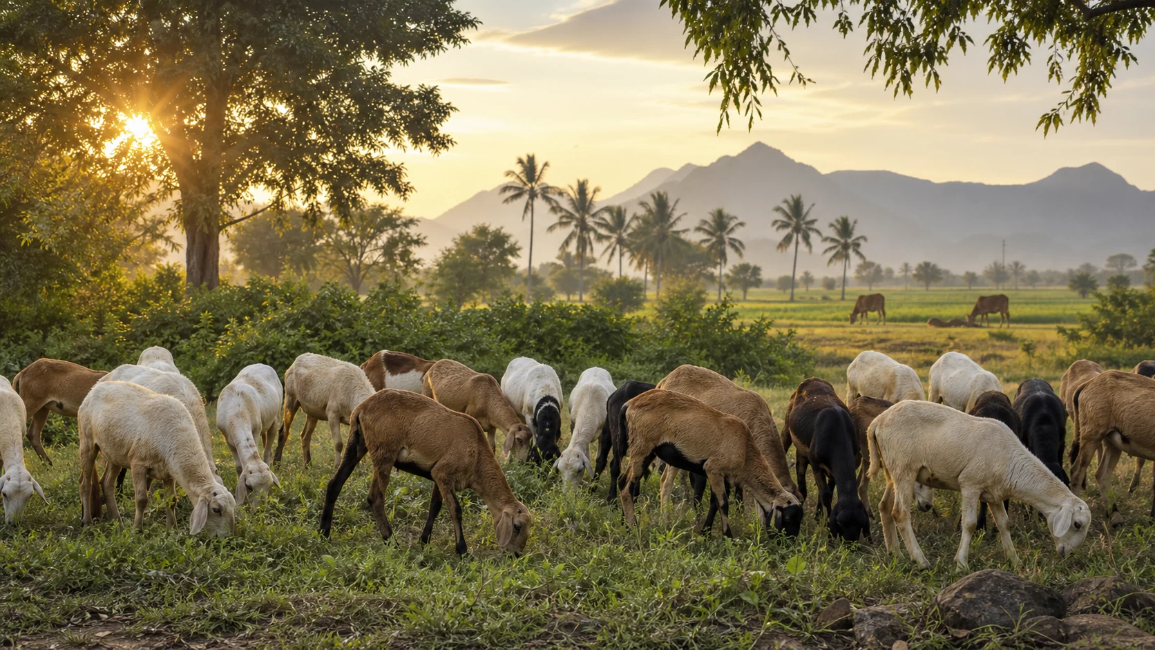 Sheep, goats and cattle on a Tamil Nadu farm