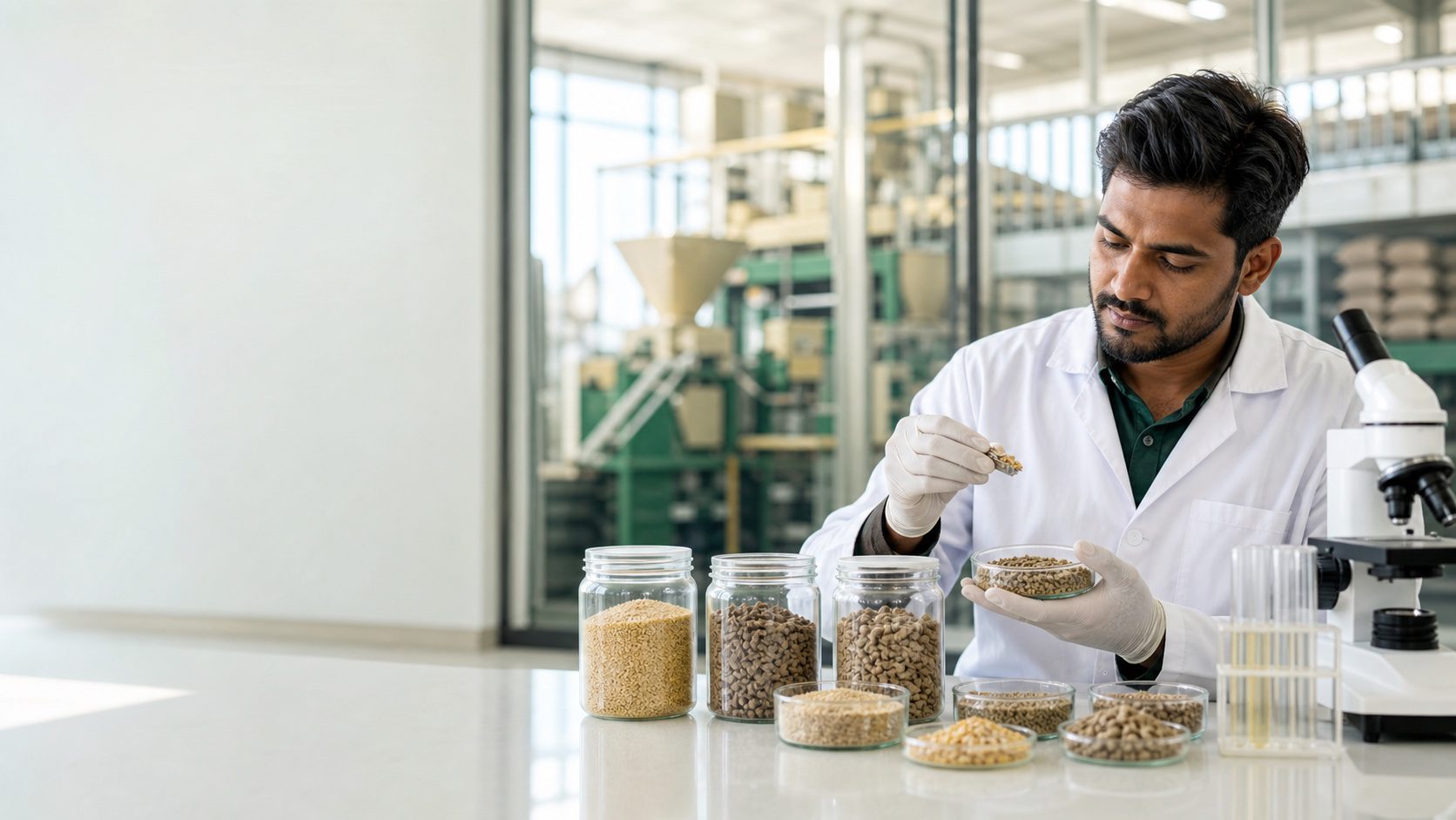 Nutriveta nutrition specialist inspecting feed samples